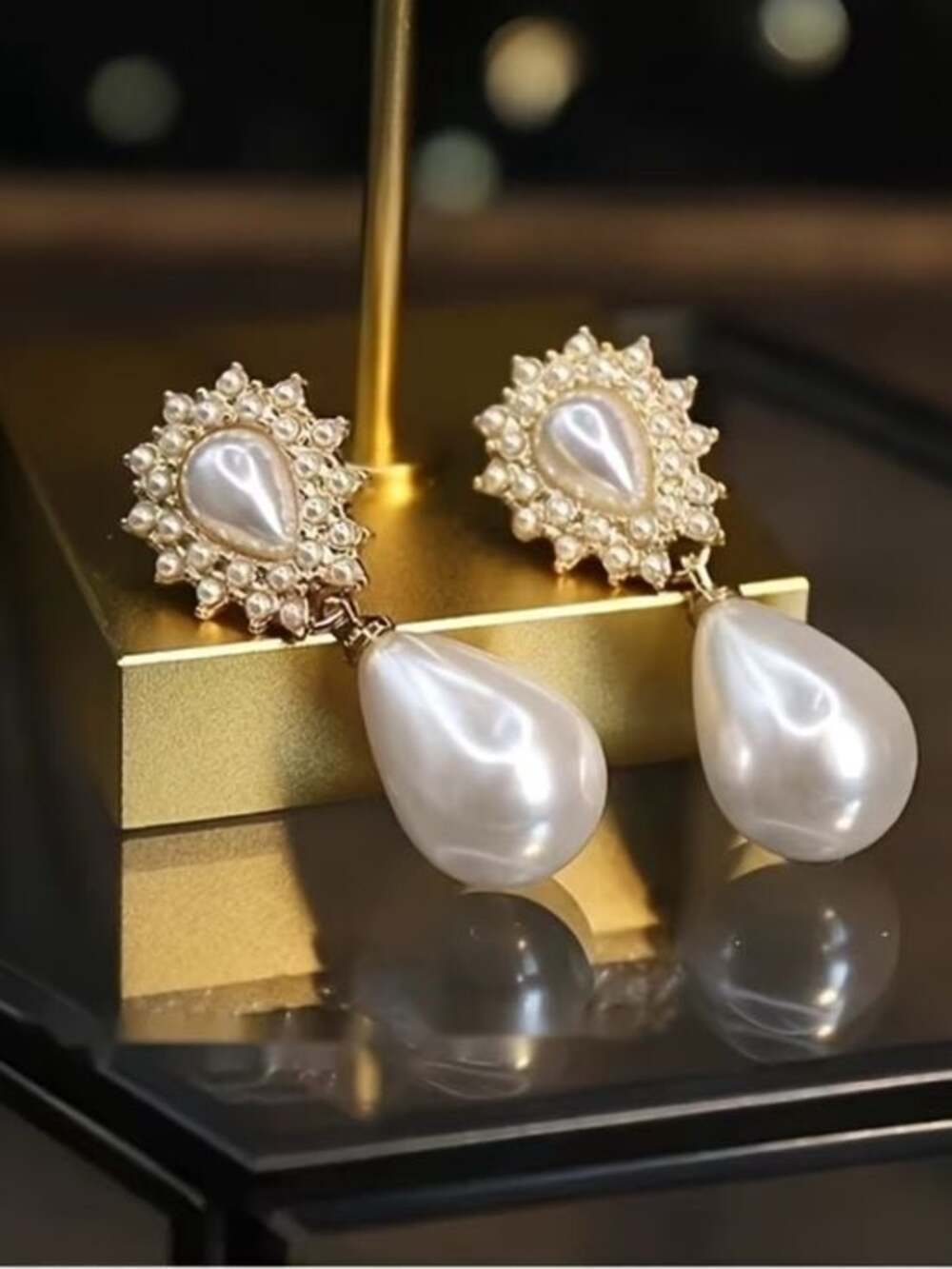 Gold Pearl Teardrop Halo Earrings - White Pearl - Picture 4 of 5
